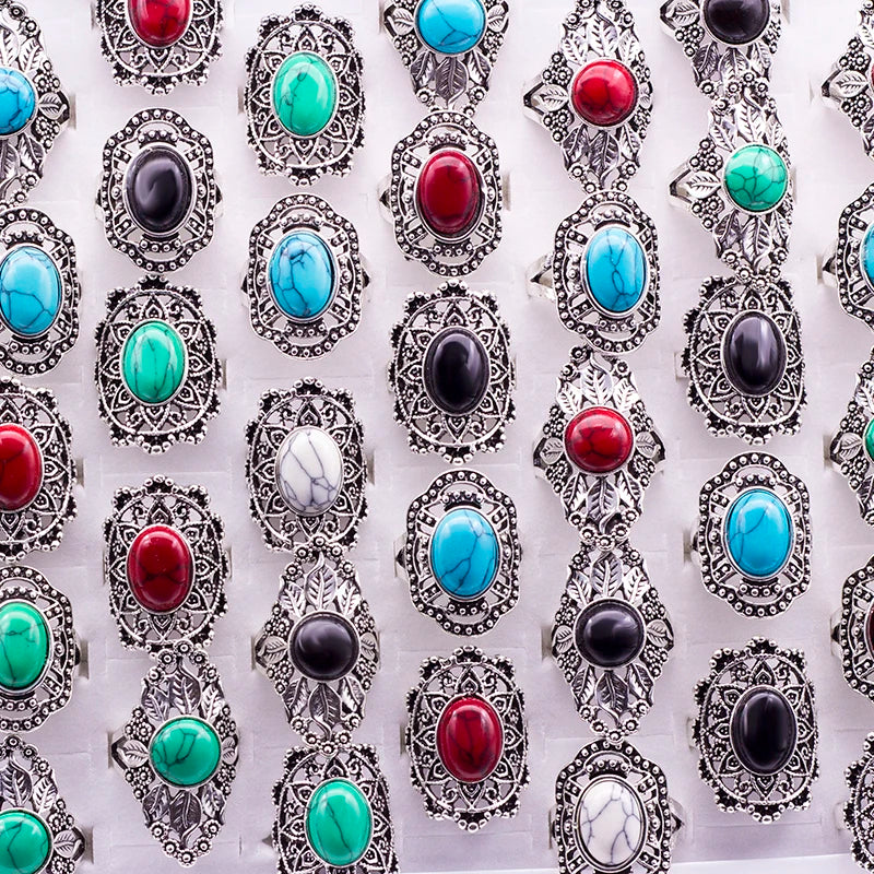 20pcs Vintage Hollow Mix Stone Ancient Silver Ring Lots Jewelry Women Rings