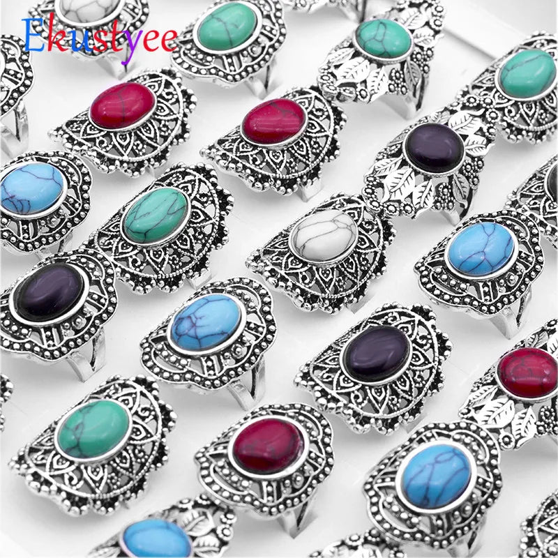 20pcs Vintage Hollow Mix Stone Ancient Silver Ring Lots Jewelry Women Rings