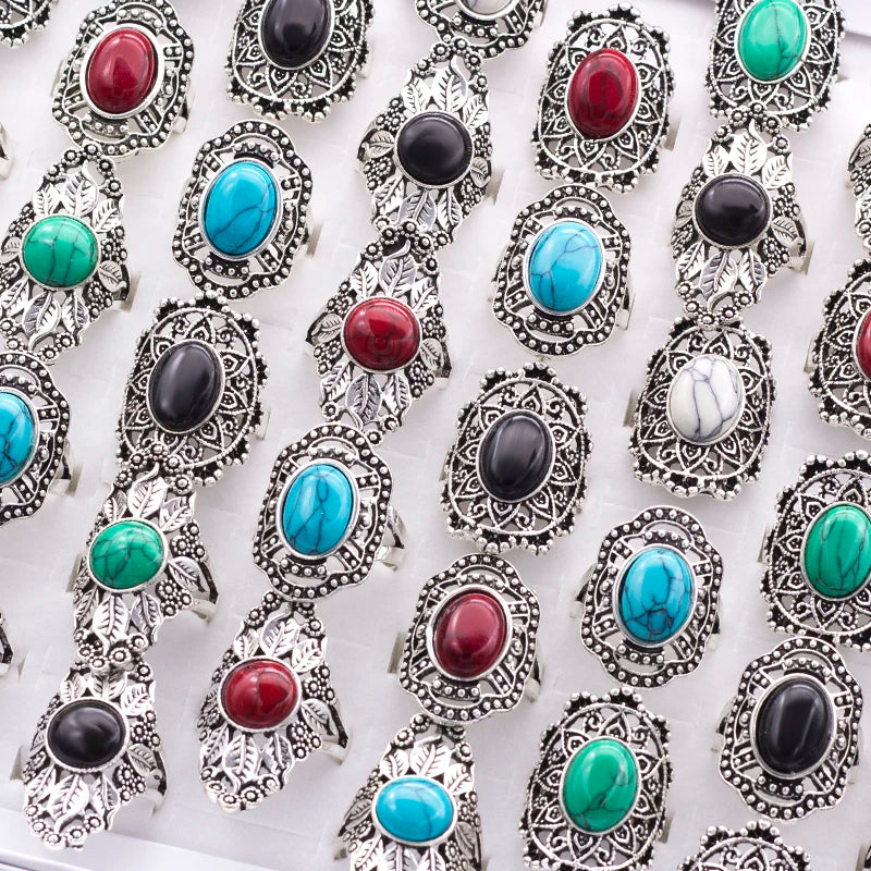 20pcs Vintage Hollow Mix Stone Ancient Silver Ring Lots Jewelry Women Rings