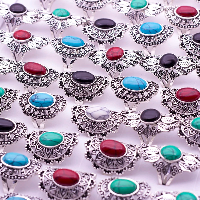 20pcs Vintage Hollow Mix Stone Ancient Silver Ring Lots Jewelry Women Rings