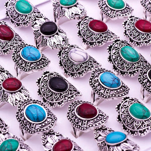 20pcs Mixed Stone Rings Vintage Antique Silver Plated Hollow Rings