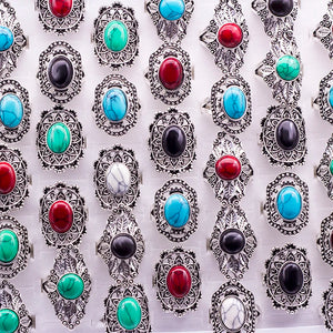 20pcs Mixed Stone Rings Vintage Antique Silver Plated Hollow Rings