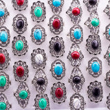20pcs Mixed Stone Rings Vintage Antique Silver Plated Hollow Rings