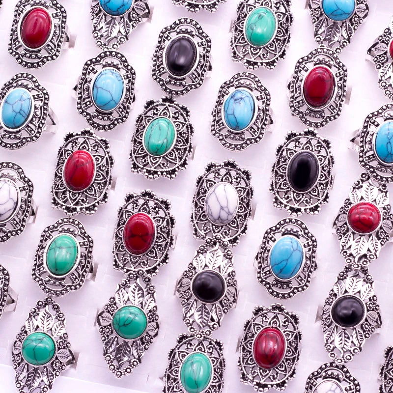 20pcs Mixed Stone Rings Vintage Antique Silver Plated Hollow Rings