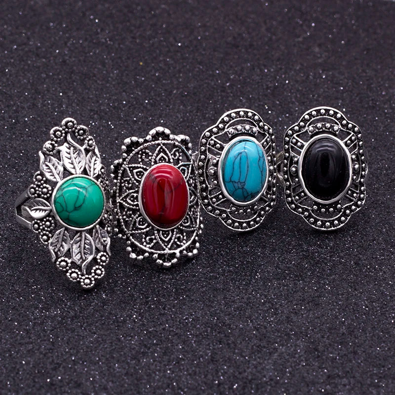 20pcs Mixed Stone Rings Vintage Antique Silver Plated Hollow Rings