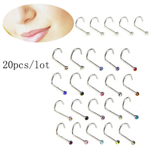 20pcs Stainless Steel Rhinestone Nose Studs Body Piercing Jewelry