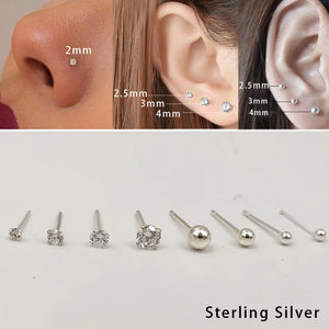 925 Silver Crystal Earrings/Nose Stud Tiny Ball Piercing Jewelry Pack