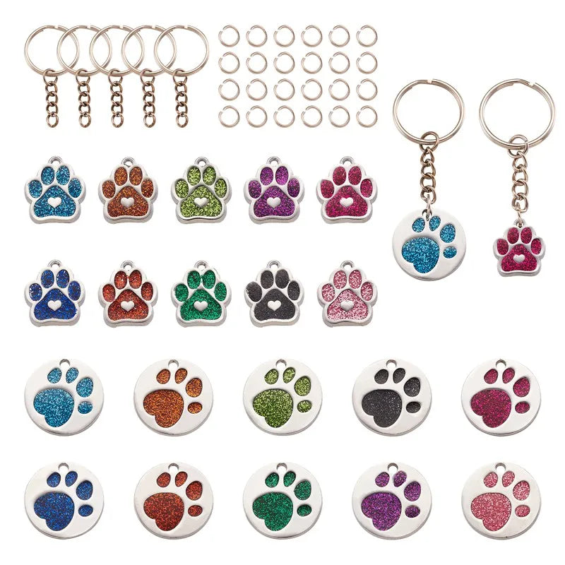 20pcs Dog Paw Print Pendants Charms Keychain DIY Making Kit