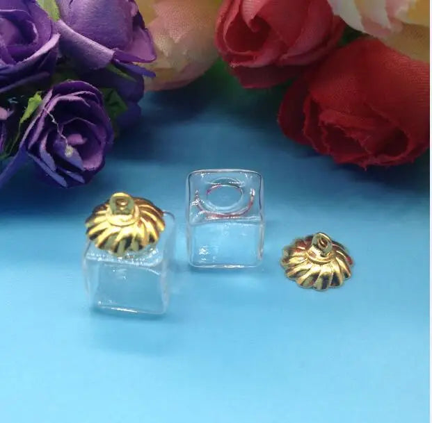 20pcs 13*13mm Glass Vial Pendants with Metal Cap, Clear Ice Cubes Small Box