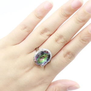 20x16mm Big Gemstone Fire Rainbow Topaz CZ Silver Ring