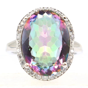 20x16mm Big Gemstone Fire Rainbow Topaz CZ Silver Ring