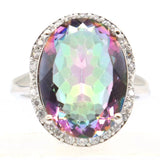 20x16mm Big Gemstone Fire Rainbow Topaz CZ Silver Ring