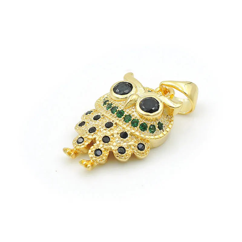 Micro Pave Black&Green CZ Owl Charm for Necklaces