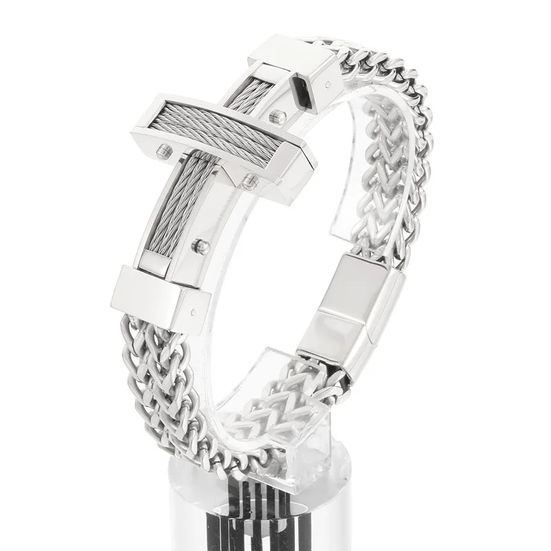 Stainless Steel Cross Link Chain Bracelet Silver Party Bangles