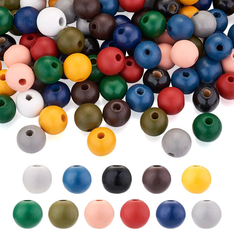 220Pcs 11 Colors Painted Natural Wood European Beads Large Hole Beads