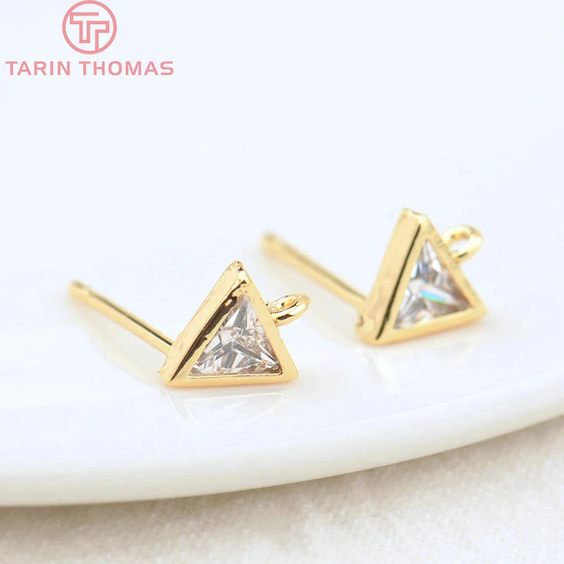6PCS 5.5x6.5MM 24K Brass Zircon Triangle Stud Earrings DIY Jewelry Finding