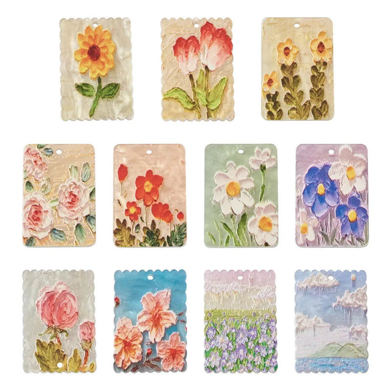 22pcs Flower Acrylic Pendants Embossed Printed Dangle Charms for Jewelry Making