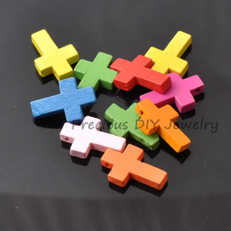 100Pcs Mixed Wooden Cross Spacer Beads For Jewelry Making DIY