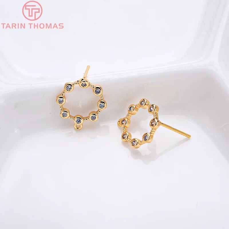 4PCS 14x12MM 24K Brass Zircon Stud Earrings High Jewelry