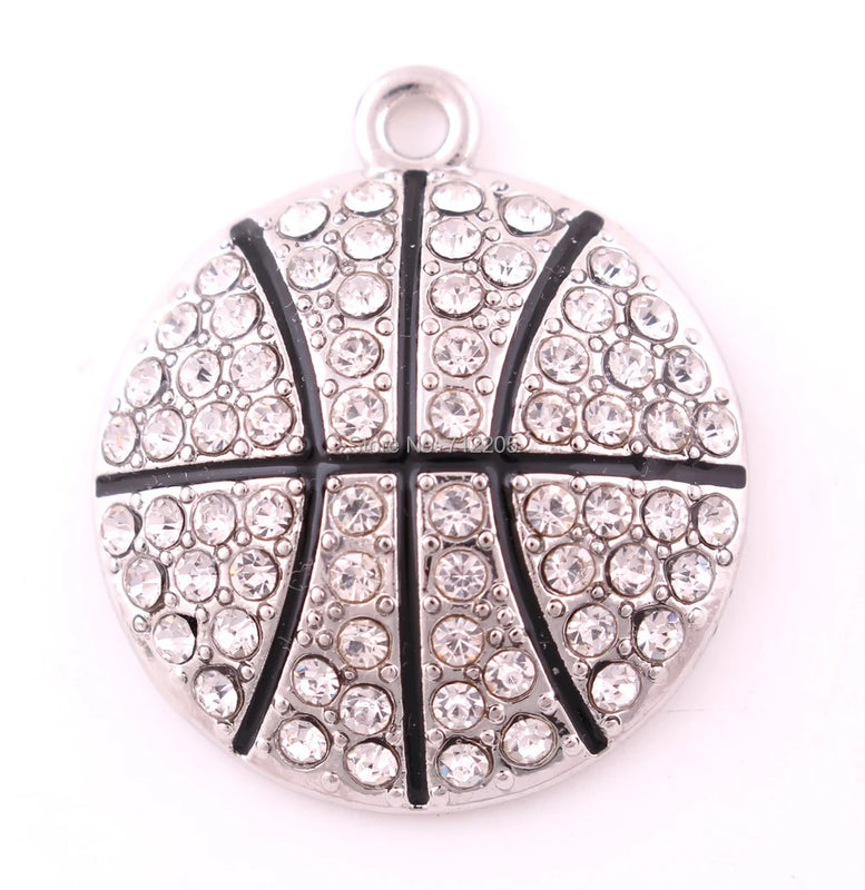 10pcs Rhodium Plated Basketball Pendants with Sparkling Crystal Enamel