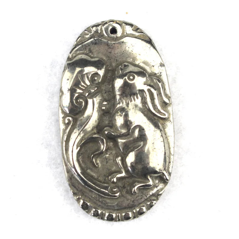 Natural Pyrite Stone Pendant - Rabbit & Mushrooms Carved