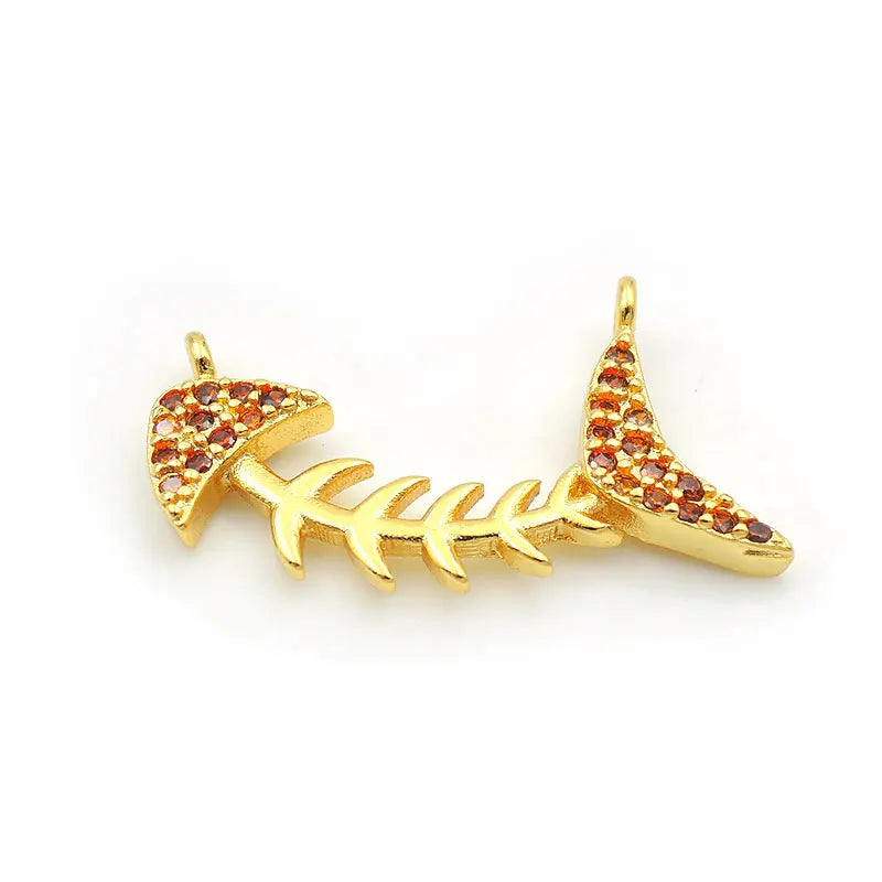 Micro Pave Orange CZ Fish Skeleton Charm Double Circles Necklace Jewelry