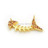 Micro Pave Orange CZ Fish Skeleton Charm Double Circles Necklace Jewelry