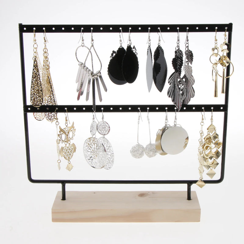 24 Holes Earring Display Stand Wood Metal Show Rack Necklace Holder
