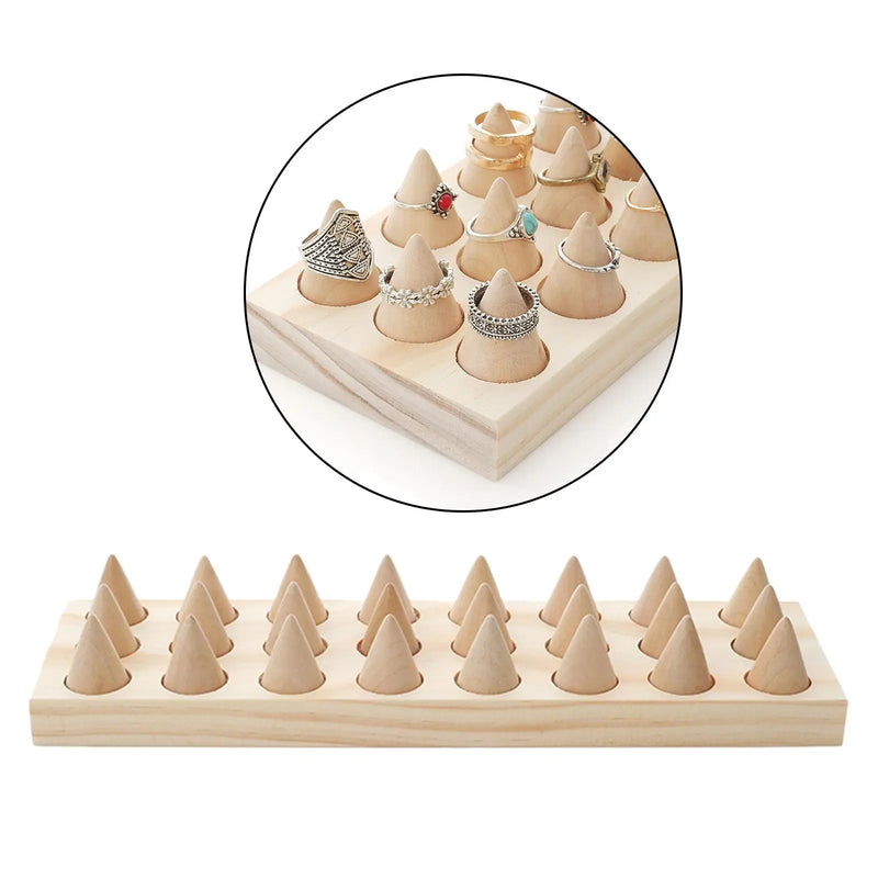 24 Fingers Wood Rings Cone Shape Display Stands & Drawer Storage Jewelry