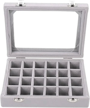 24 Grid Velvet Glass Jewelry Box Earring Ring Storage Holder Case Box
