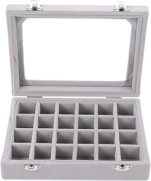 24 Grid Velvet Glass Jewelry Box Earring Ring Storage Holder Case Box