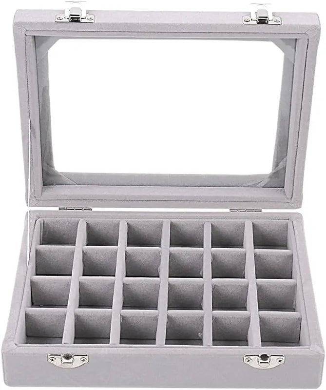 24 Grid Velvet Glass Jewelry Box Earring Ring Storage Holder Case Box