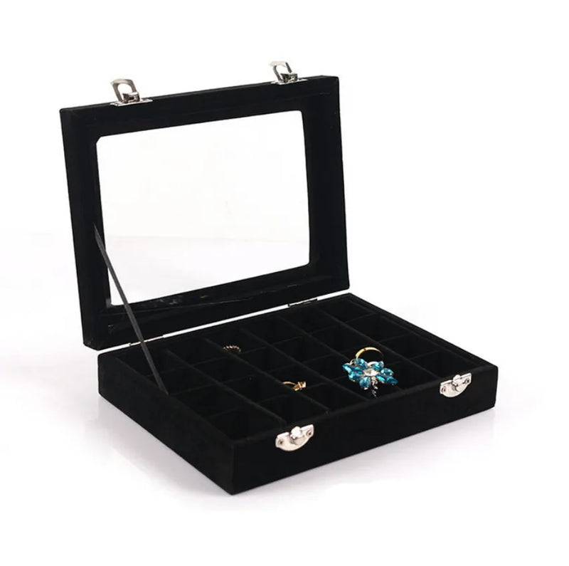 24 Grids Velvet & Glass Jewelry Box for Rings Earrings Colar Organizer