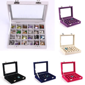24 Grids Velvet & Glass Jewelry Box for Rings Earrings Colar Organizer