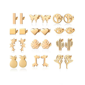 24 PCS Minimalist Stainless Steel Butterfly Heart Stud Earrings for Women