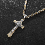 24'' Stainless Steel Byzantine Chain Saint Catholic Benedict Crucifix Necklace