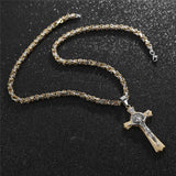 24'' Stainless Steel Byzantine Chain Saint Catholic Benedict Crucifix Necklace