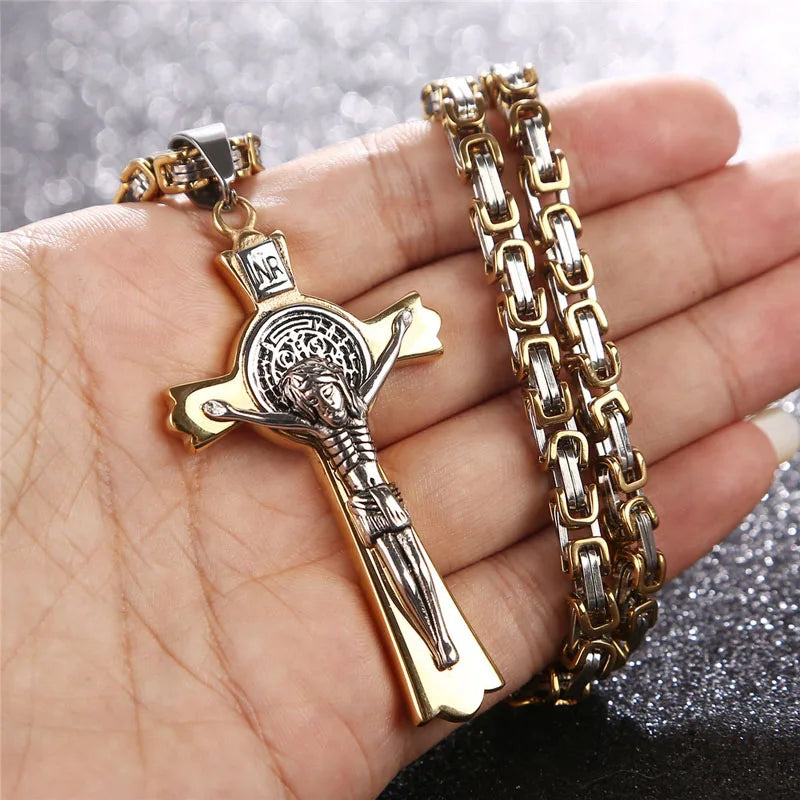 24'' Stainless Steel Byzantine Chain Saint Catholic Benedict Crucifix Necklace