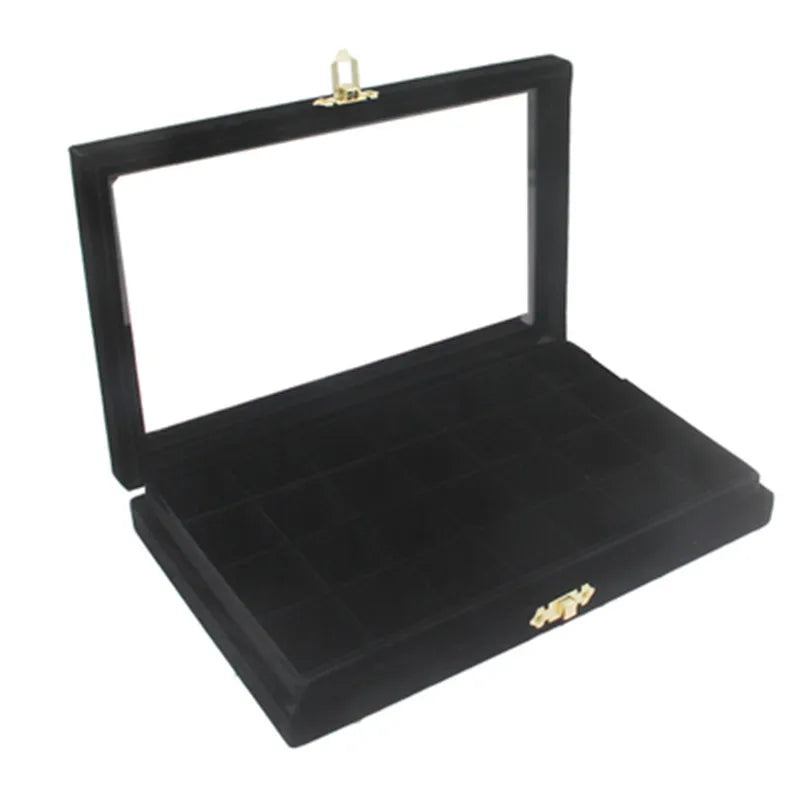Fine Velvet Ring Display Box Organizer with Glass Cover