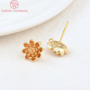 6PCS Flower 9MM Hole 1MM 24K Brass Stud Earrings
