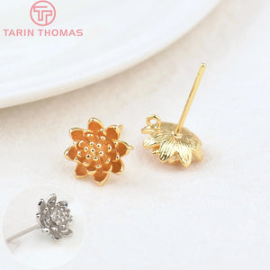 6PCS Flower 9MM Hole 1MM 24K Brass Stud Earrings