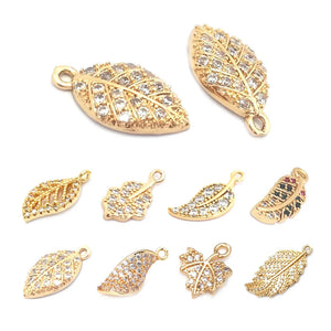 24K Brass and Zircon Tree Leaf Leaves Charms Pendants for Jewelry Making