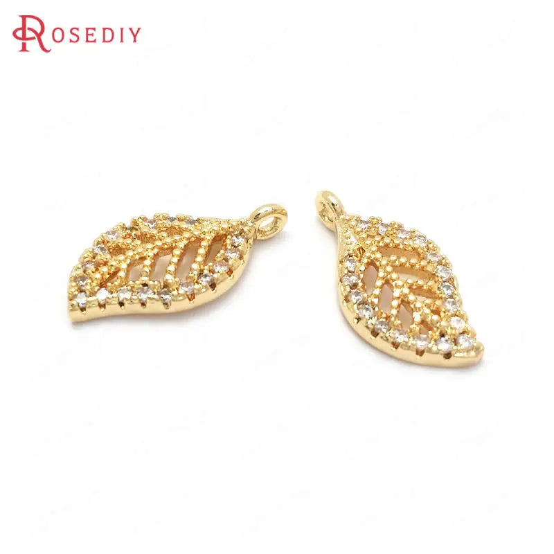 24K Brass and Zircon Tree Leaf Leaves Charms Pendants for Jewelry Making
