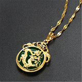 24K Emerald Inlaid Dragon Pendant Necklace Hand-Carved Luck Amulet