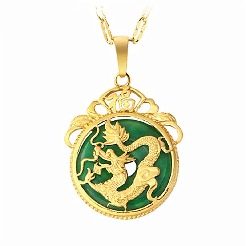24K Emerald Inlaid Dragon Pendant Necklace Hand-Carved Luck Amulet