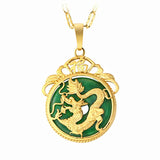 24K Emerald Inlaid Dragon Pendant Necklace Hand-Carved Luck Amulet