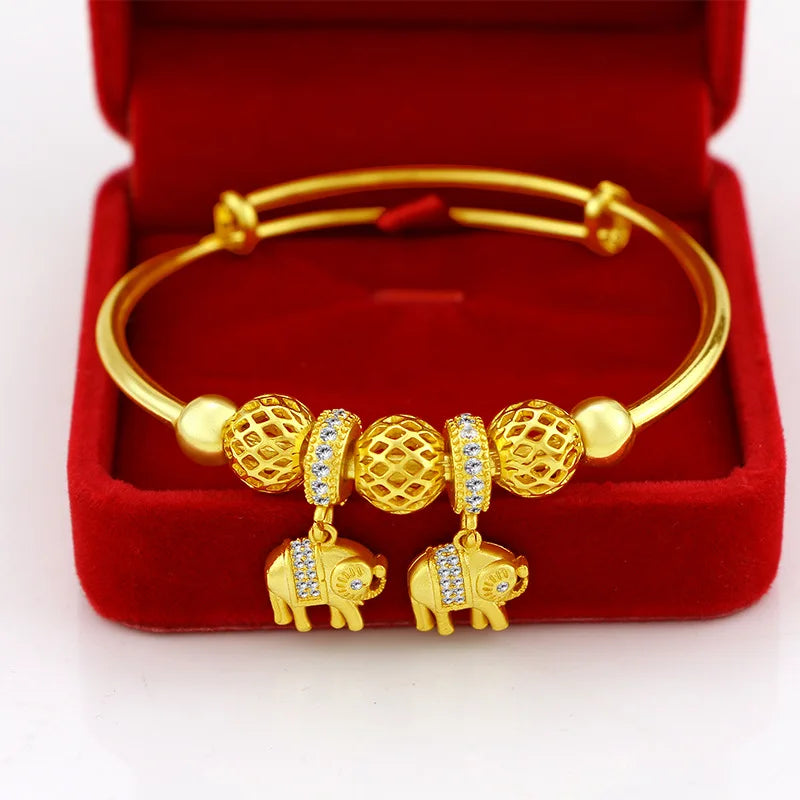 24K Plated Zircon Elephant Beaded Bangle Wedding Jewelry