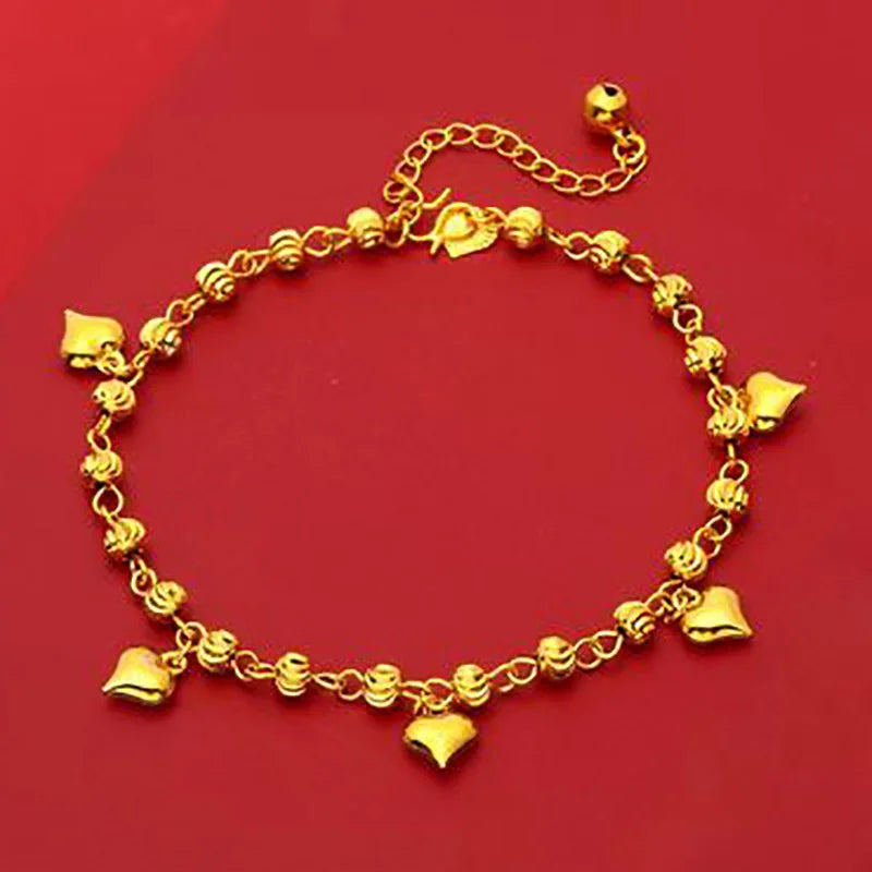 24K Plated Love Heart Beads Charm Anklets for Women Anklets