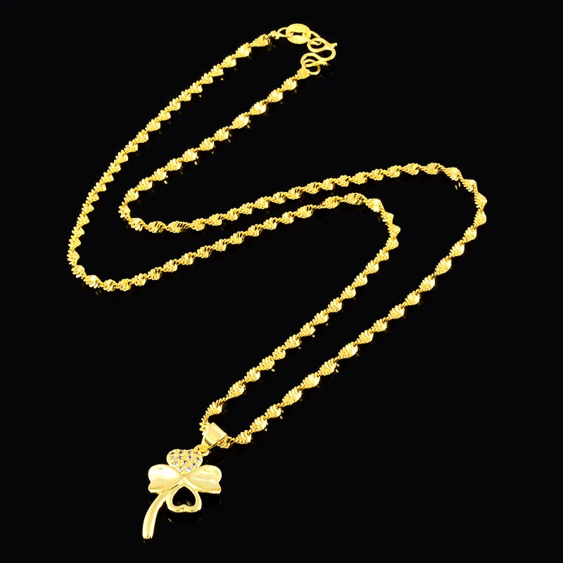 24K Water Wave Chain Necklaces Four-Leaf Clover Pendant Jewelry