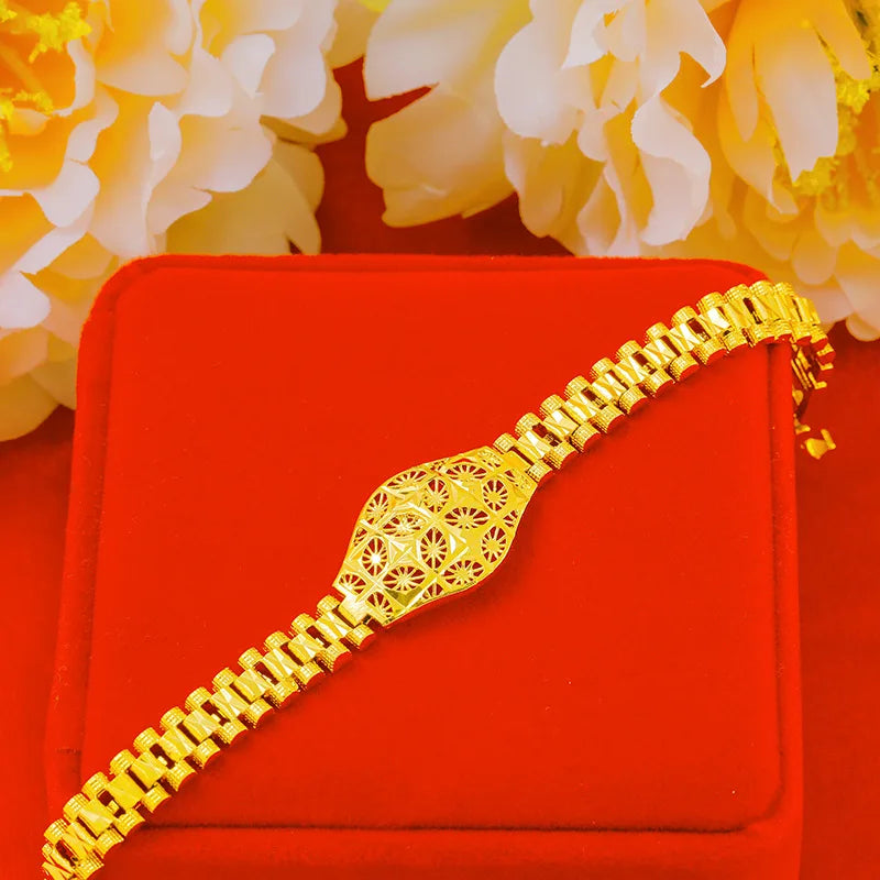 24K Pure Flower hollow Watch Bracelet for women bride wedding engagement